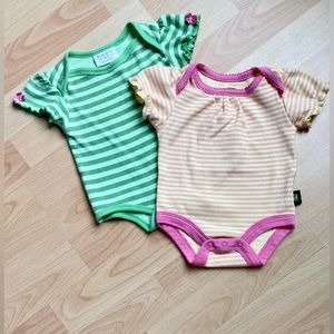 John Deere & bon be’be’: 3 months girls striped onesies in yellow/pink and green